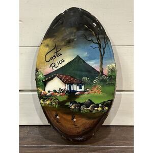 Hand Painted Wood Slice Wall Hanging Plaque Hut Scene Costa Rica La Fortuna